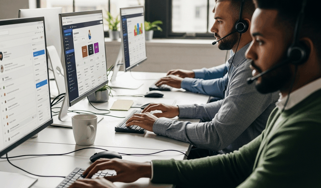 customer support team using cloud contact center software on screens