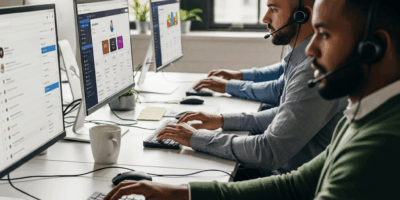 customer support team using cloud contact center software on screens