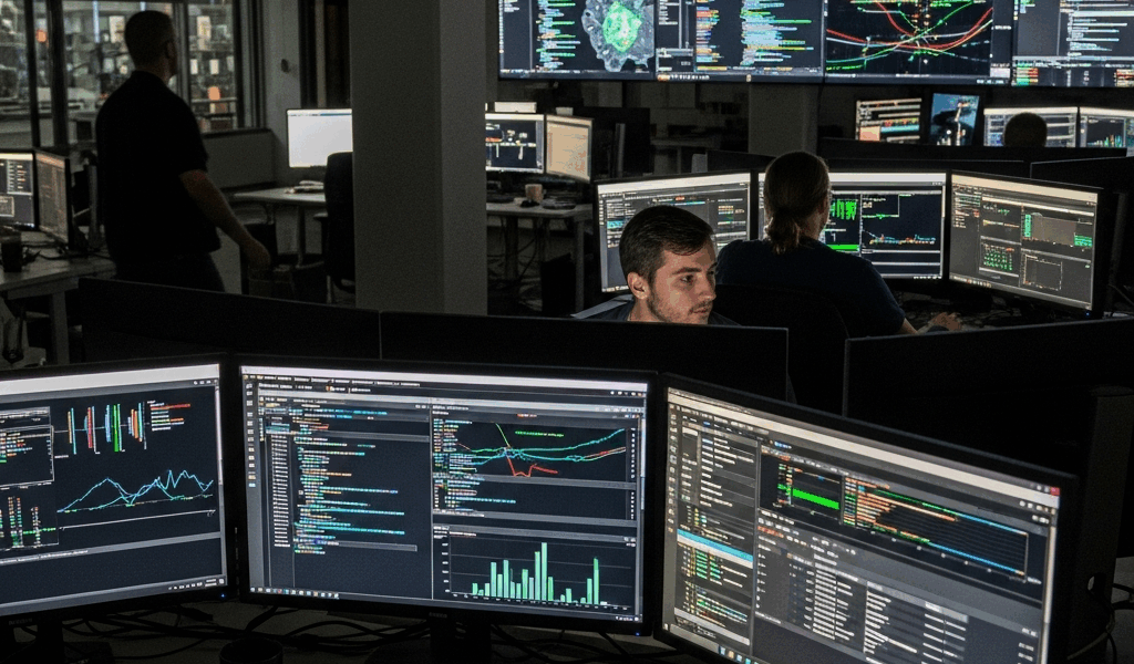 cybersecurity operations center with security dashboards and cloud infrastructure