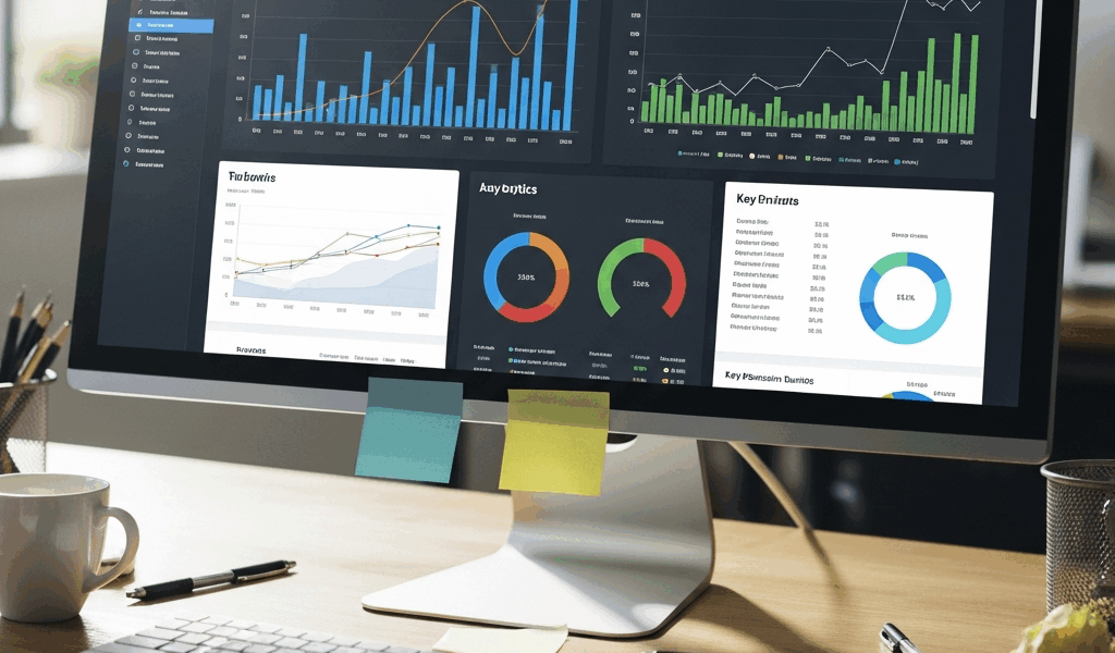 dashboard showing website analytics charts and traffic graphs on widescreen monitor