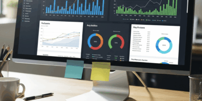 dashboard showing website analytics charts and traffic graphs on widescreen monitor