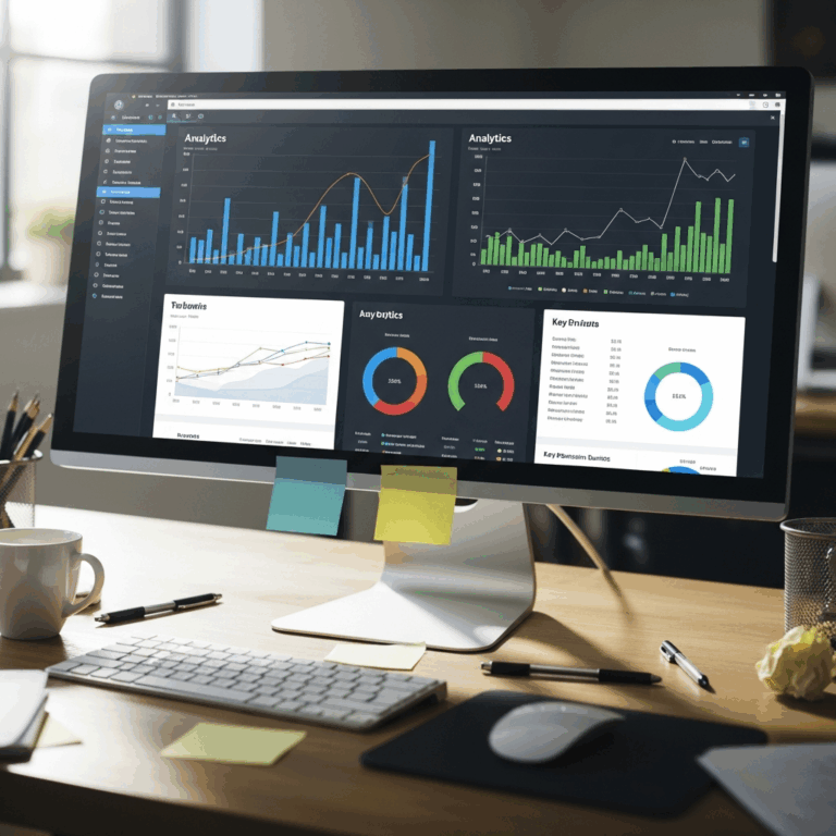 dashboard showing website analytics charts and traffic graphs on widescreen monitor