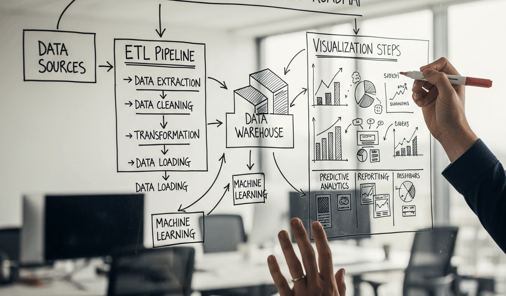 data analytics implementation roadmap with ETL pipeline and visualization steps