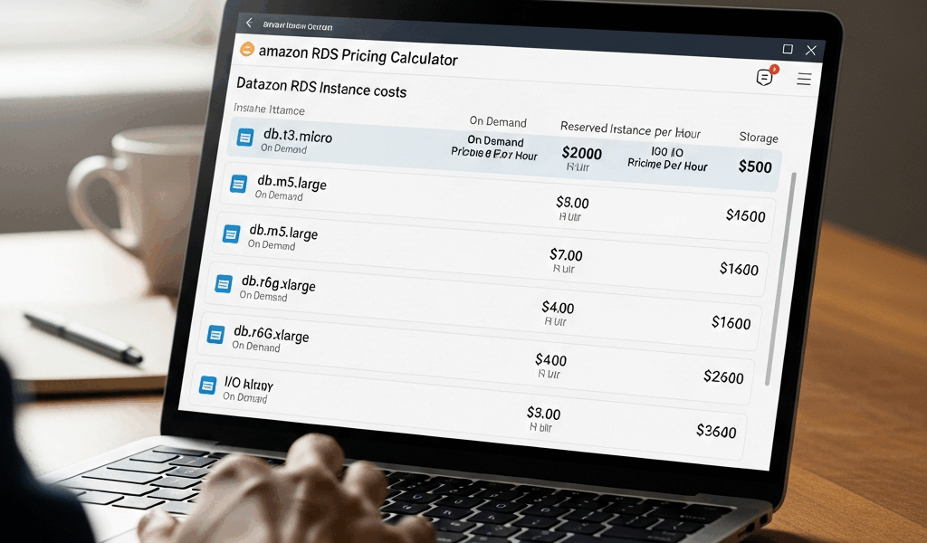 database pricing calculator showing RDS instance cost comparisons