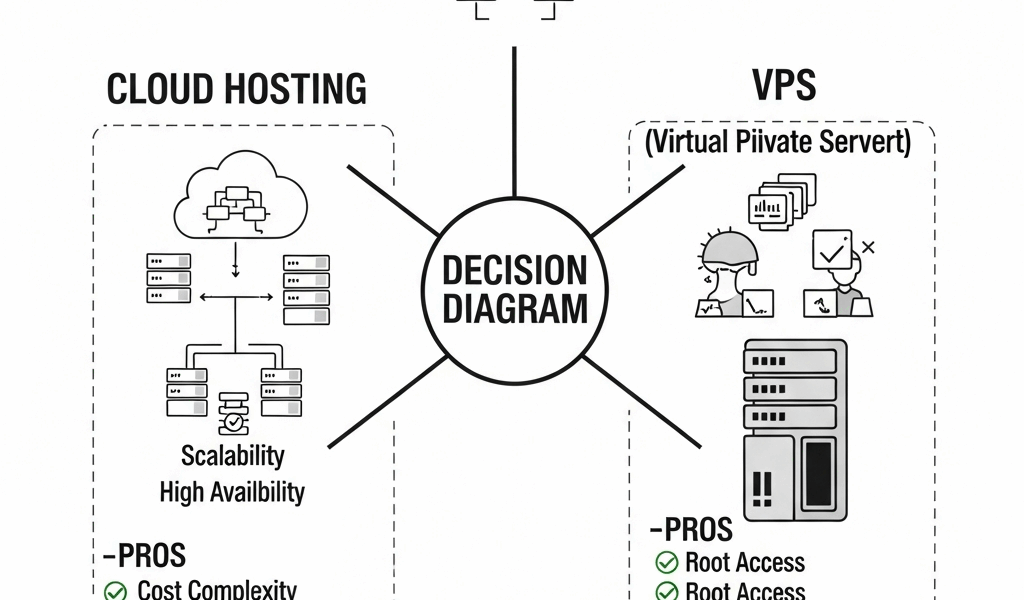 decision diagram comparing cloud hosting vs VPS with pros and cons