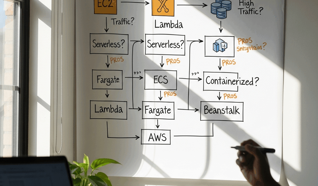 decision flowchart comparing AWS deployment services for different workloads