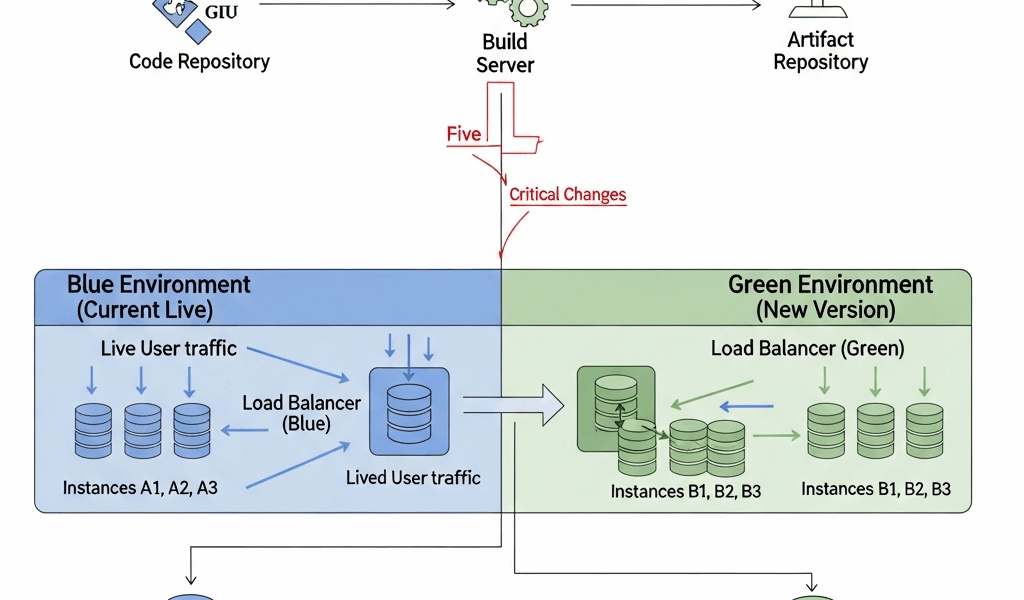 deployment pipeline diagram showing blue-green switchover with zero downtime