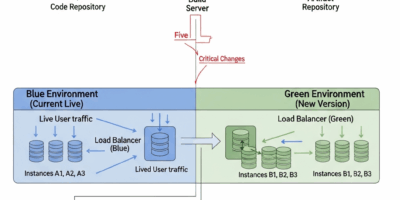 deployment pipeline diagram showing blue-green switchover with zero downtime