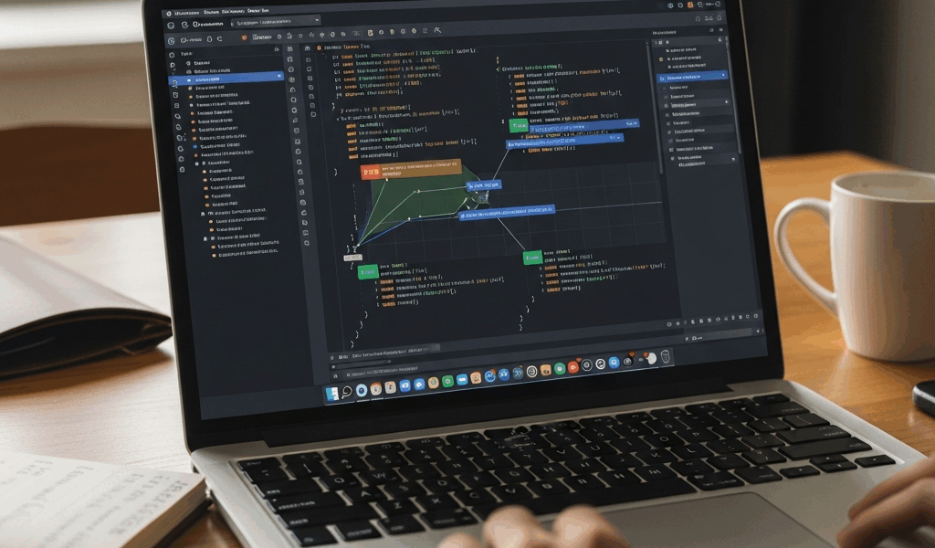 developer IDE showing git repository with code commits and branches