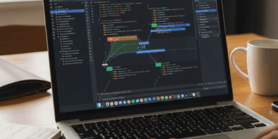 developer IDE showing git repository with code commits and branches