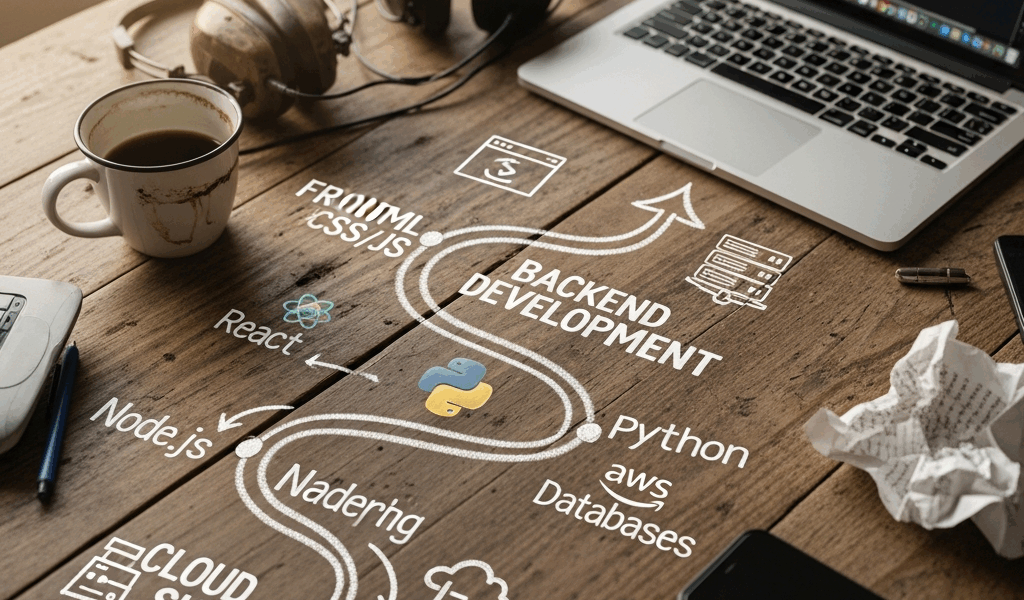 developer learning roadmap showing frontend backend and cloud skills path