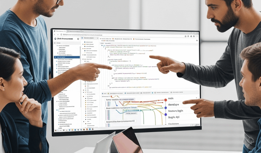 developer team using git repository with code review and branch management