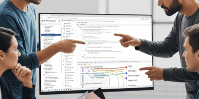 developer team using git repository with code review and branch management