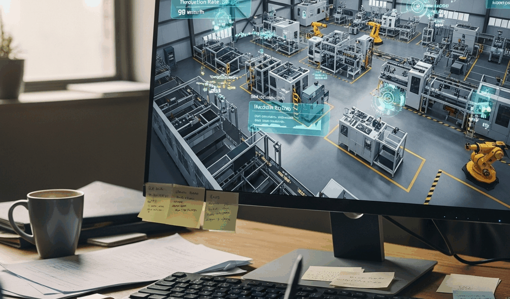 digital twin simulation of manufacturing facility with real-time data overlay