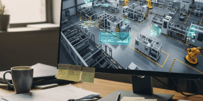 digital twin simulation of manufacturing facility with real-time data overlay