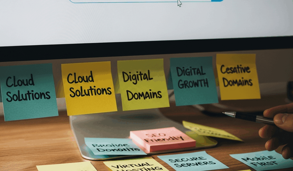 domain name search bar on browser with creative brainstorming sticky notes