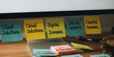 domain name search bar on browser with creative brainstorming sticky notes