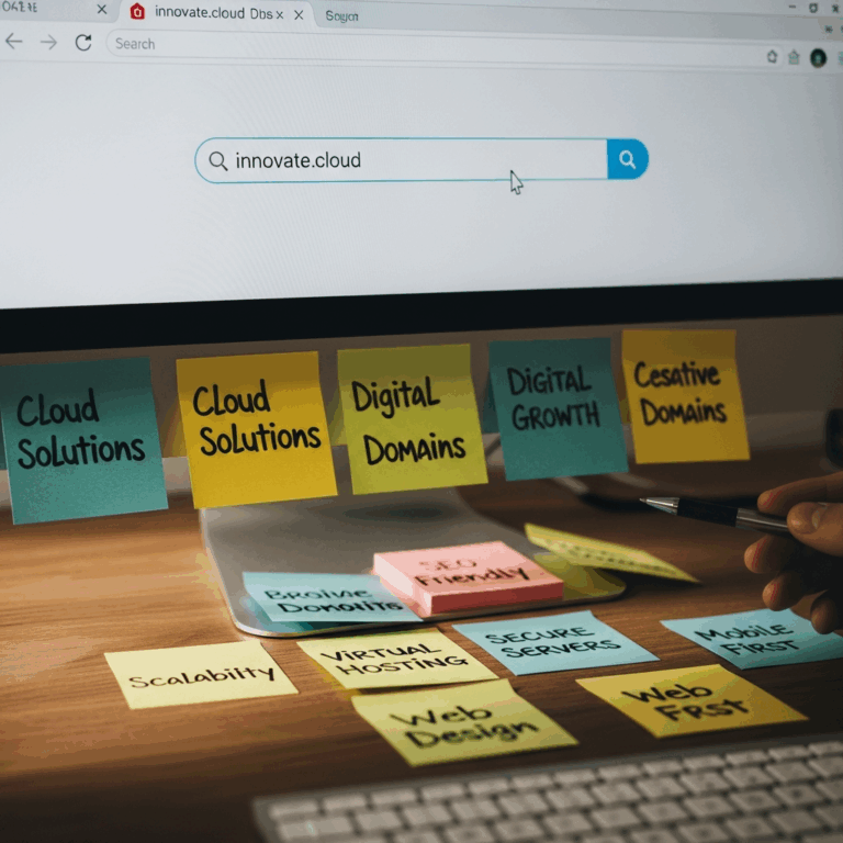 domain name search bar on browser with creative brainstorming sticky notes