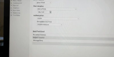 email server configuration screen with SMTP settings and test email