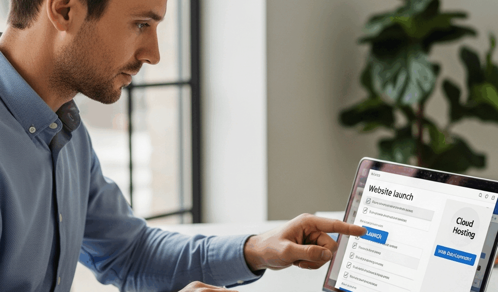 entrepreneur launching new business website on laptop, checklist on screen, modern office