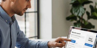 entrepreneur launching new business website on laptop, checklist on screen, modern office