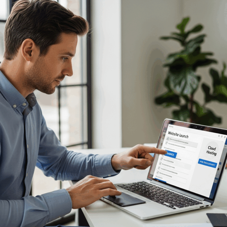 entrepreneur launching new business website on laptop, checklist on screen, modern office