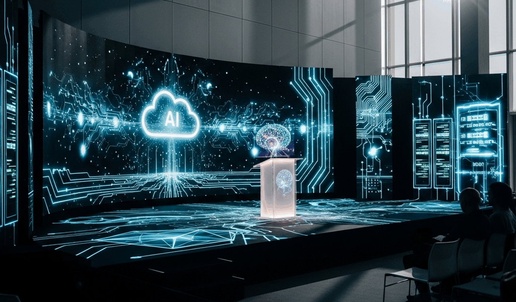 futuristic conference venue with AI and cloud computing themed stage design