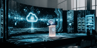 futuristic conference venue with AI and cloud computing themed stage design