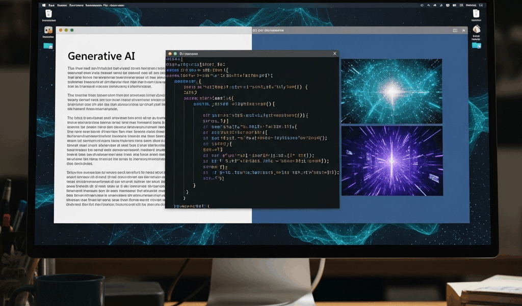 generative AI creating content text images and code on modern display