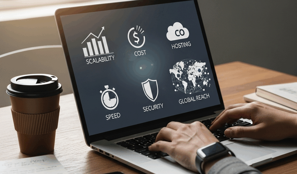 infographic-style visualization of cloud benefits: scalability, cost, speed, security, global reach