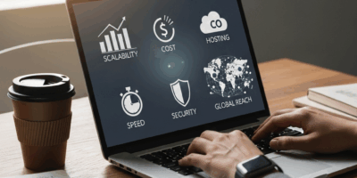 infographic-style visualization of cloud benefits: scalability, cost, speed, security, global reach