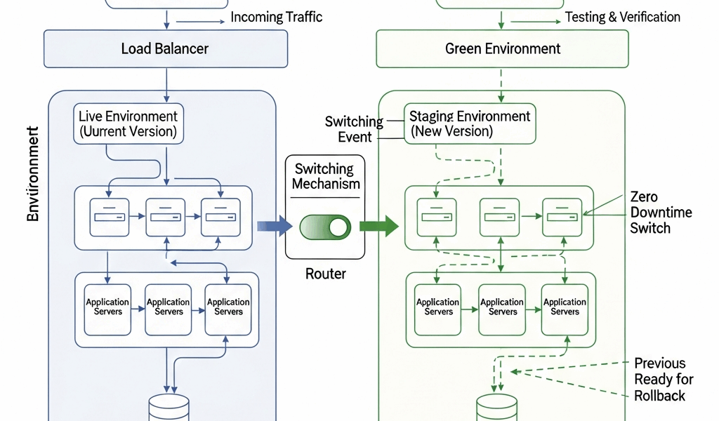 infrastructure diagram showing blue-green deployment with zero downtime switching