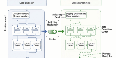 infrastructure diagram showing blue-green deployment with zero downtime switching