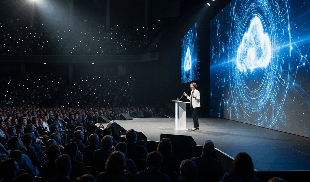 large tech conference stage with keynote presentation, cloud computing theme