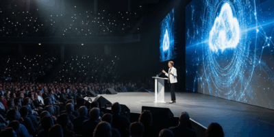 large tech conference stage with keynote presentation, cloud computing theme