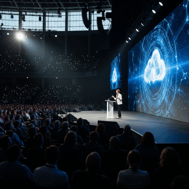 large tech conference stage with keynote presentation, cloud computing theme
