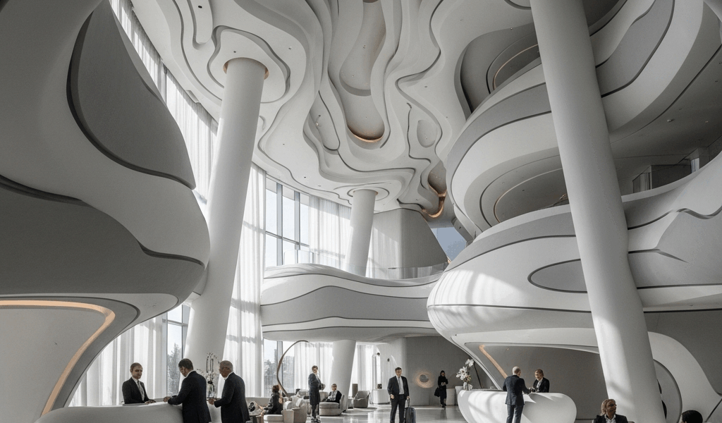 luxury hotel lobby with cloud-inspired modern architecture