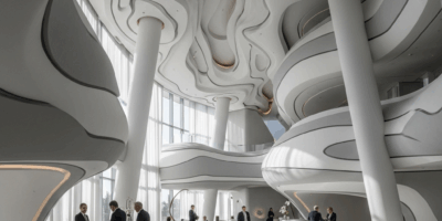 luxury hotel lobby with cloud-inspired modern architecture