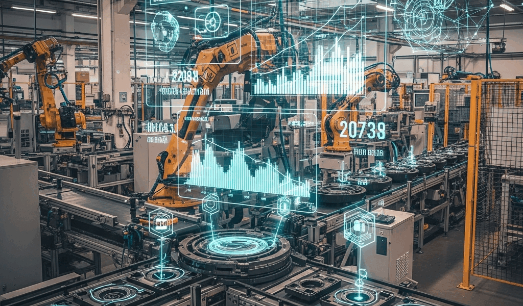 manufacturing plant with digital twin overlay showing sensor data