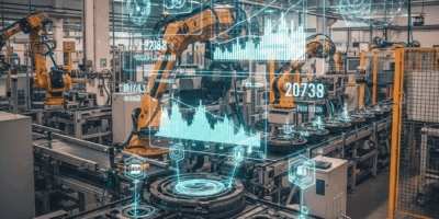 manufacturing plant with digital twin overlay showing sensor data