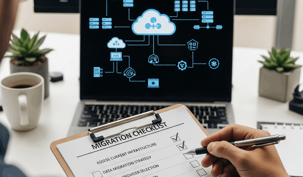migration checklist on clipboard with cloud infrastructure transition steps