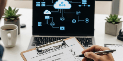migration checklist on clipboard with cloud infrastructure transition steps