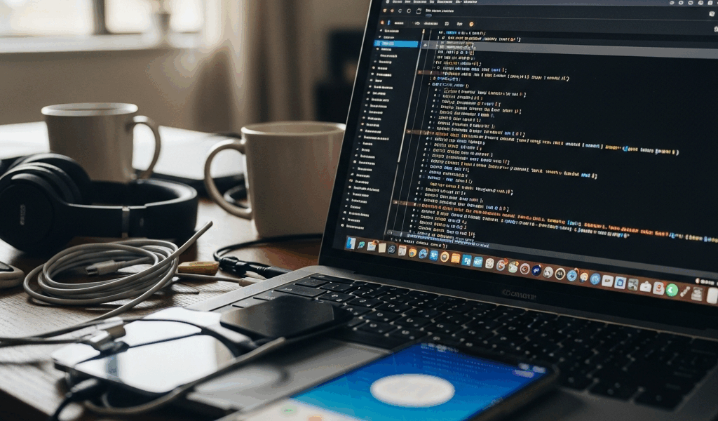 mobile app development workspace with phone emulator and code editor