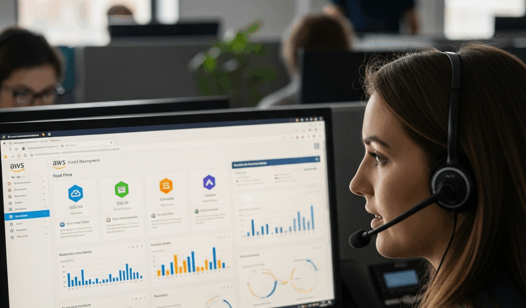 modern cloud-based call center with headset and AWS dashboard on screen