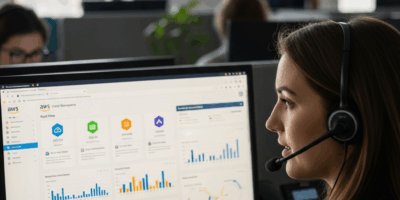 modern cloud-based call center with headset and AWS dashboard on screen