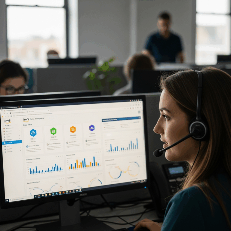 modern cloud-based call center with headset and AWS dashboard on screen