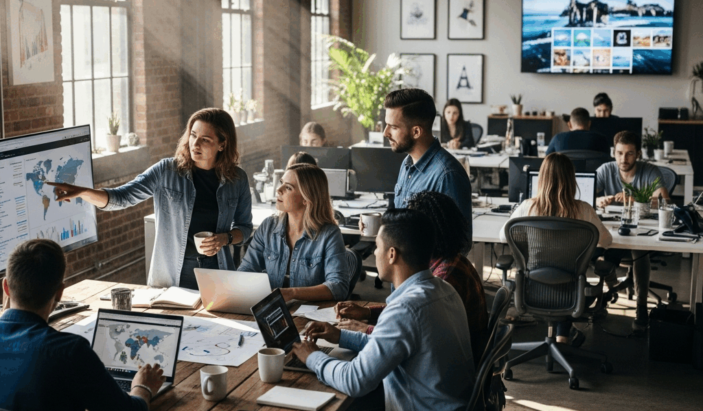 modern travel technology company headquarters with collaborative workspace
