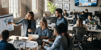 modern travel technology company headquarters with collaborative workspace