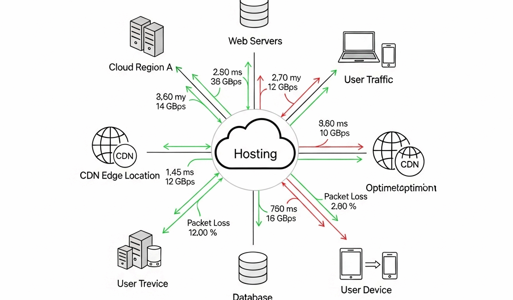 network topology diagram with optimization metrics and routing paths