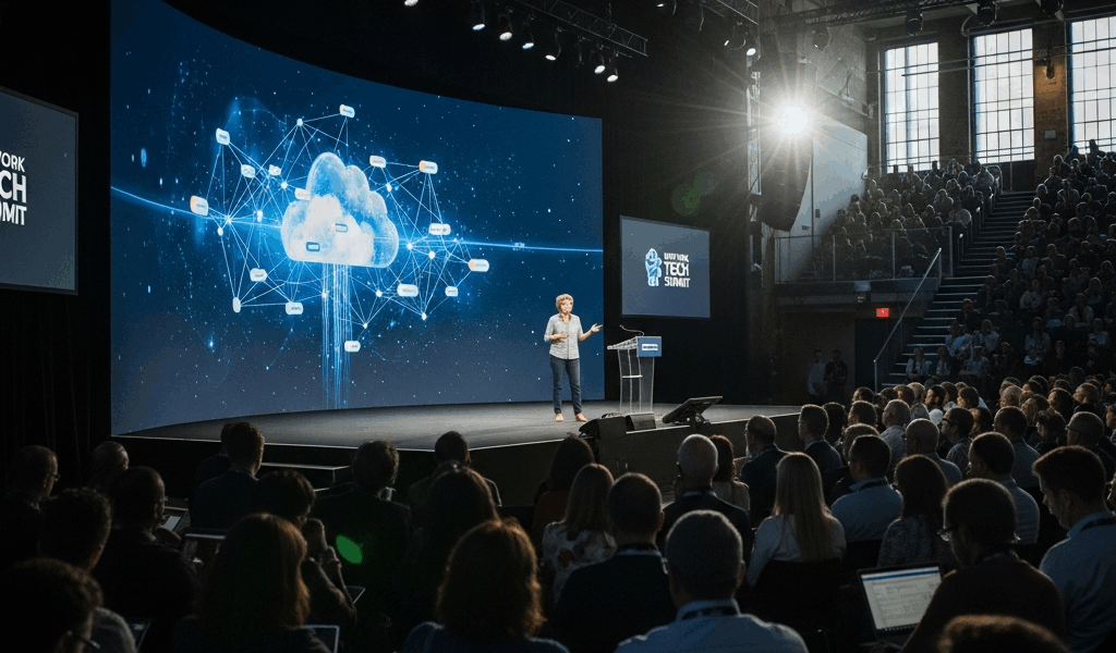 New York City tech summit venue with cloud computing keynote on stage